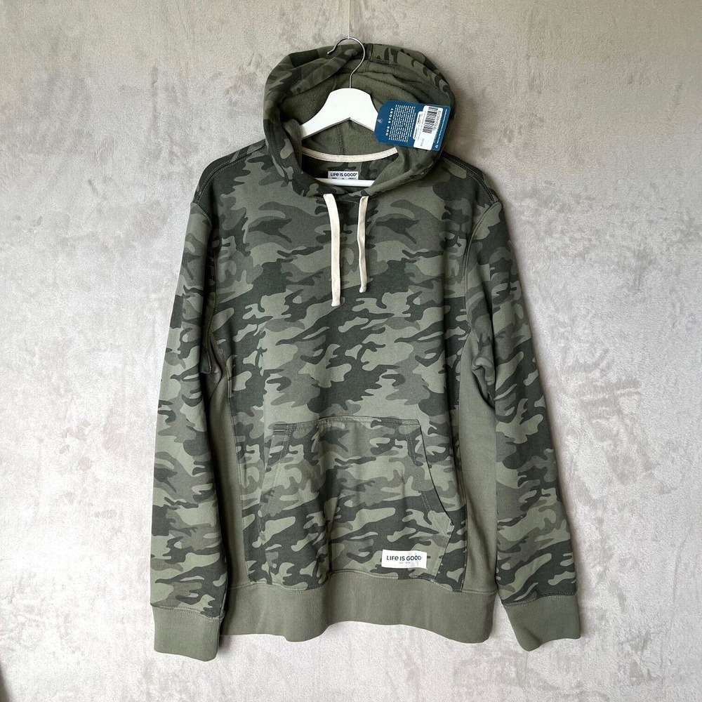 Life is Good Men Simply True Fleece Hoody Moss Green Camo Size Medium 115485 NWT